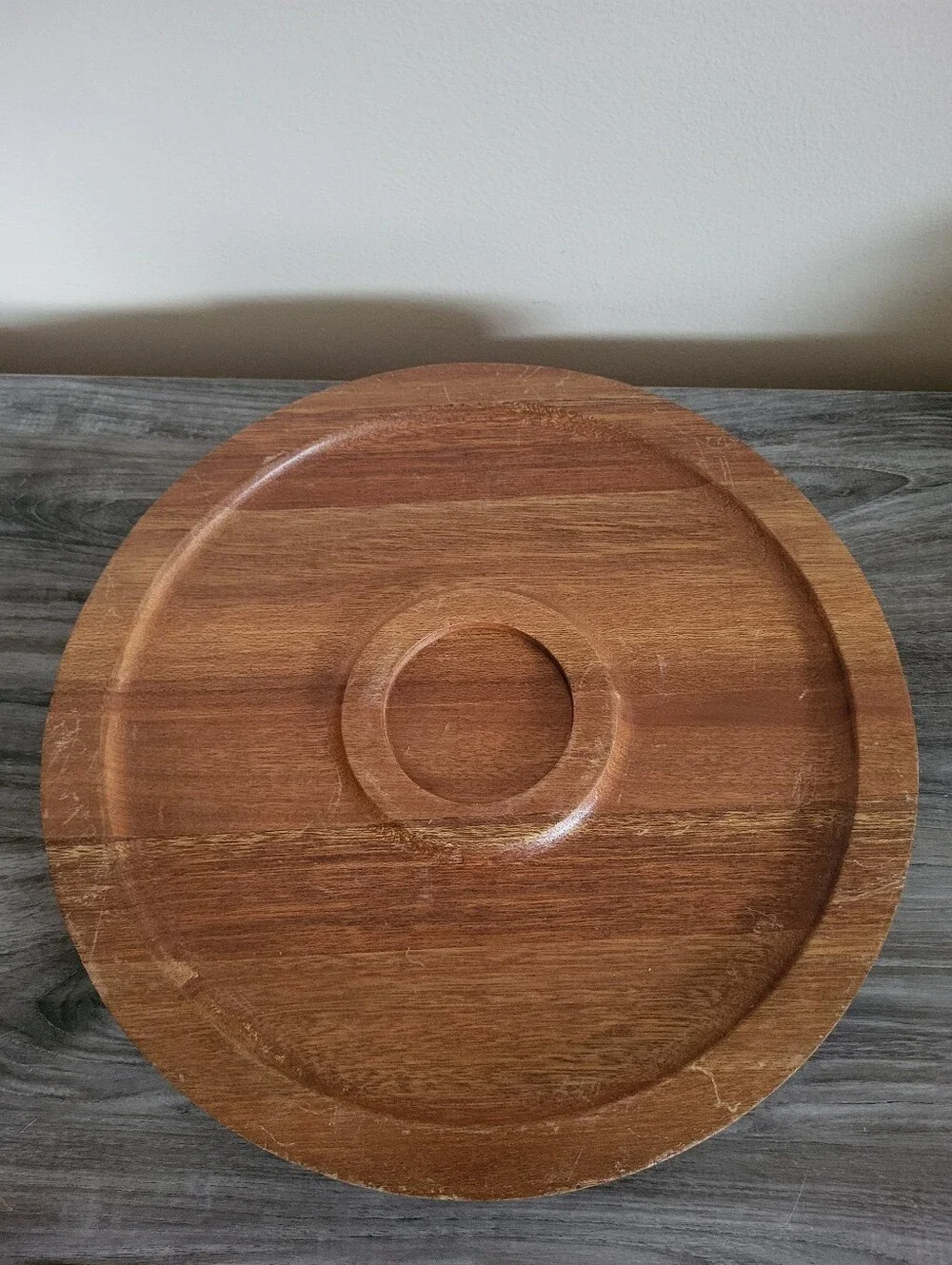 Vintage Dolphin Teak Wood Round Serving Tray 1970s